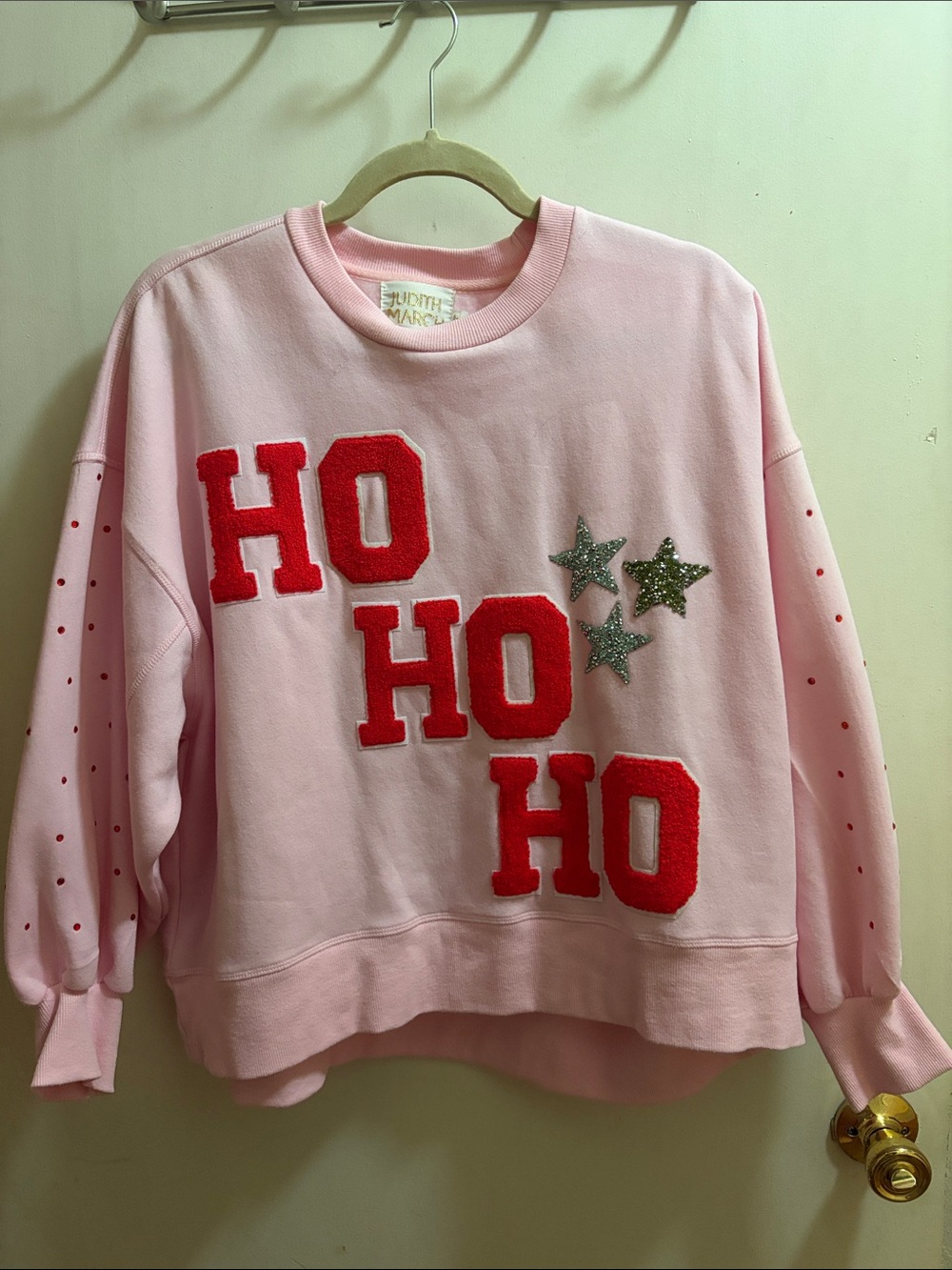Judith March Pink Sweatshirt with Red Chenille 'HO HO HO' and Silver Stars